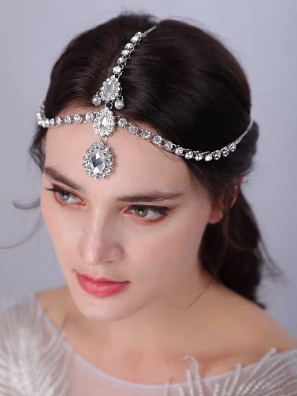 Crystal Bridal Headpiece - Silver Clear Rhinestone Forehead Chain